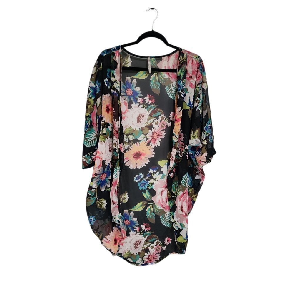 Red Lolly Kimono M Black Floral Boho Open Front